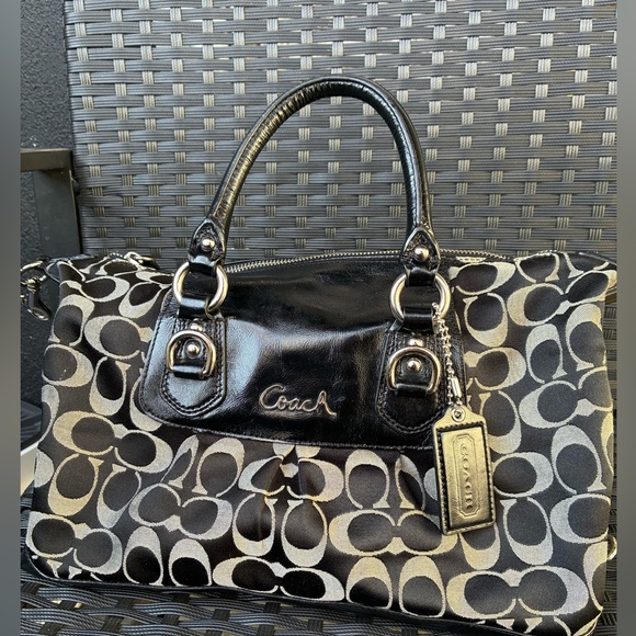 COACH BAG,Coach Black and Gray Signature Satchel - Picture 3 of 15